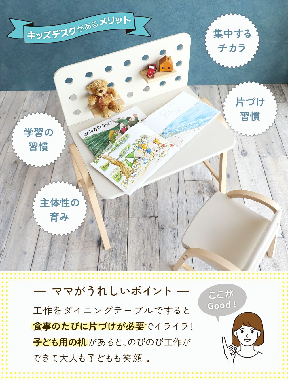 有孔ボードデザインの子供用机