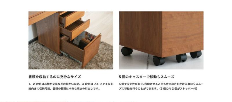 おしゃれなウォールナット木製デスクと収納ワゴンのセット。PC作業や在宅ワーク、リモートワークに最適な北欧インダストリアルテイストです。コンパクトな引き出し付き
