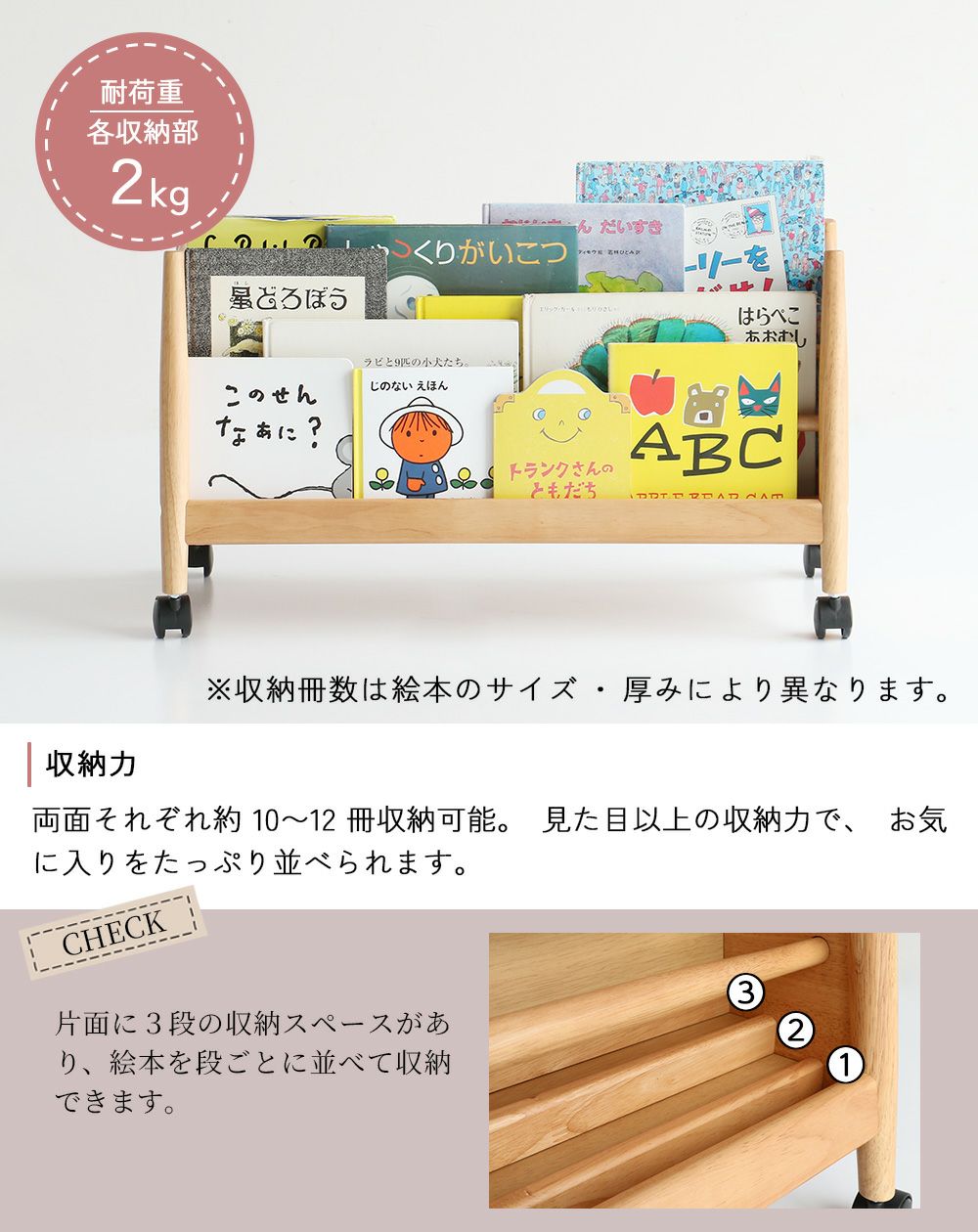 表裏両方に収納できるロータイプの絵本ラック