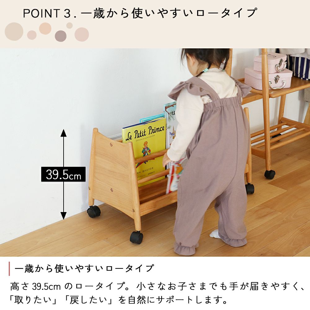 表裏両方に収納できるロータイプの絵本ラック